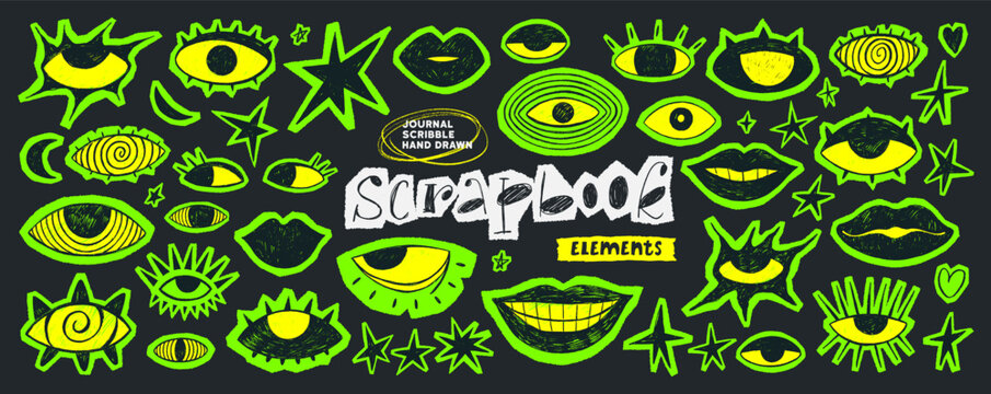 Neon y2k punk stickers with lips and eyes. Punk doodle scrapbook clip art for collage design. Neon green sticky stickers with crayon drawn crazy eyes on blackboard. Craft sketchy stars collection.