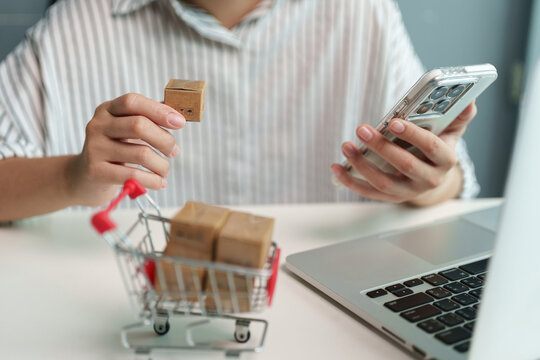 Woman holding a small package and smartphone beside a shopping cart and laptop, representing mobile e-commerce, online purchasing, digital payment, retail ordering and convenient delivery.