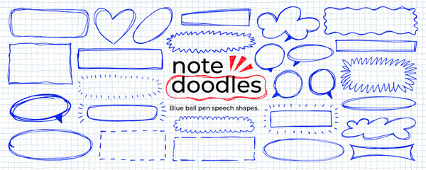 Naklejka premium Blue ball pen text cloud, rectangles and boxes, heart shapes and speech bubbles clipart for notes. Hand drawn vector doodle text boxes on notebook checkered paper sheet. Social bubbles.