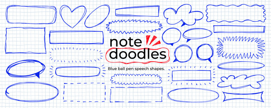 Blue ball pen text cloud, rectangles and boxes, heart shapes and speech bubbles clipart for notes. Hand drawn vector doodle text boxes on notebook checkered paper sheet. Social bubbles.