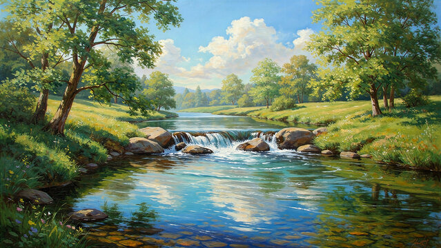 Vastu Painting Flowing Water and Gentle Waterfall Original Oil Landscape for Prosperity Wealth Career Growth Financial Flow and Positive Energy