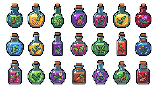 Set of colorful pixel art magic potion bottles with herbal ingredients for fantasy game interface
