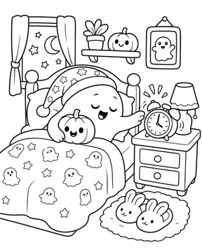Charming halloween coloring page showcasing an adorable ghost in a delightfully spooky bedroom atmosphere