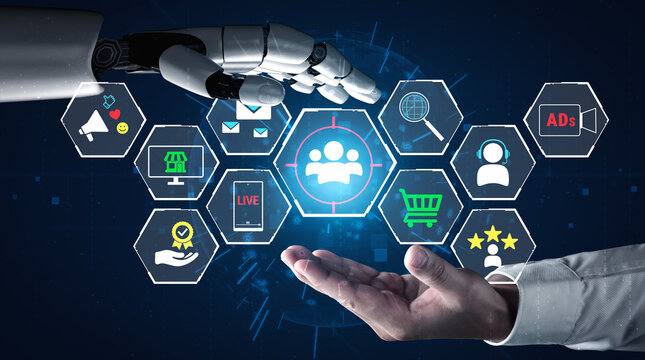 Futuristic Interaction Between Human Hand and Robotic Arm Highlighting Digital Technology, Innovation, and Automation in Modern Business and Communication. Glyphic.