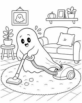 Adorable kawaii ghost vacuuming in a cozy halloween themed living room coloring page for creative relaxation