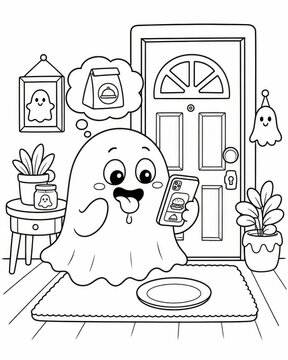 Adorable kawaii ghost holding a phone at a warm and inviting halloween doorstep for a fun coloring book page