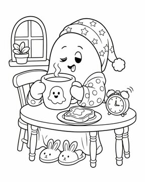 Adorable ghost celebrating halloween while sipping a warm beverage in a charming and spooky coloring environment