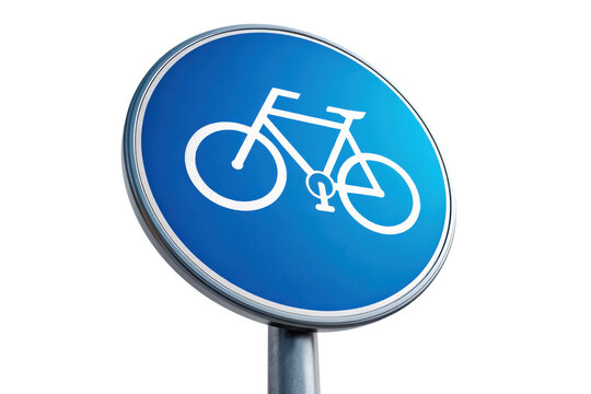Angled blue bicycle traffic sign isolated on white background
