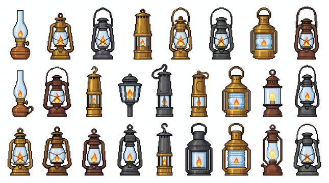 Pixel art collection of vintage oil lamps and antique kerosene lanterns with glowing flames