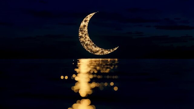 Golden crescent moon reflection shimmering on dark water surface during nighttime