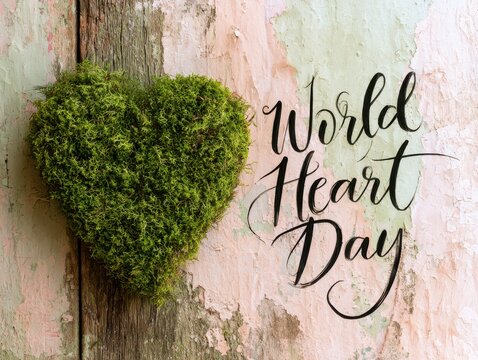 World heart day sign with green hedge background