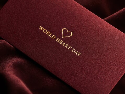 World heart day text with heart symbol on maroon velvet fabric