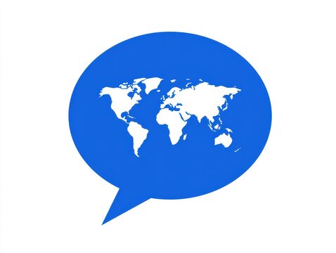 World map inside a blue speech bubble with talk icon