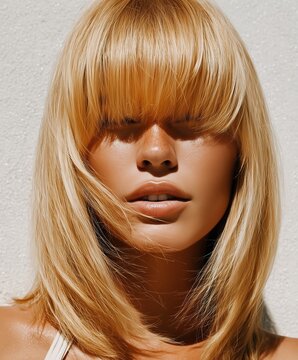 beauty portrait of blonde woman with bangs