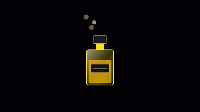 Minimalist perfume bottle animation with floating bubbles on 4k black background, fragrance scent