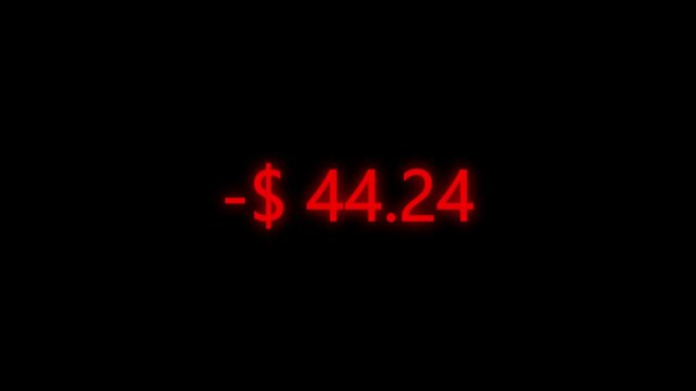 Red Negative Dollar Amount Countdown Animation on Black Background, Financial Loss and Debt Concepts