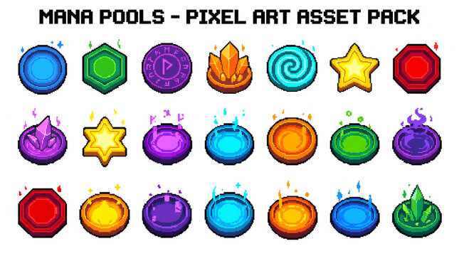 Vibrant pixel art mana pools and magic crystal icons for retro fantasy game design elements