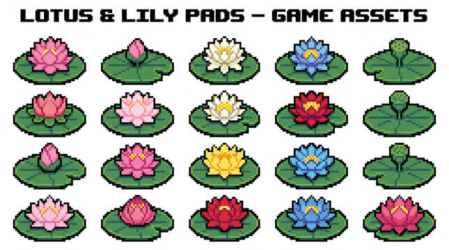 Isometric pixel art collection of blooming lotus flowers and green lily pads for game design