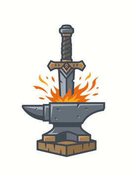 Forged in Fire: A medieval sword plunges into an anvil, surrounded by vibrant orange flames, symbolizing the intense heat and power of blacksmithing and the creation of legendary weapons.