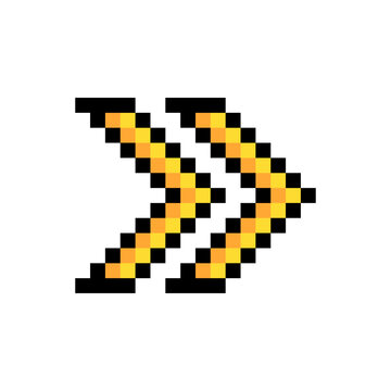 Double arrows fast forward speed up icon pixel art style yellow black frame. Right pointing yellow pixelated speed control UI game asset isolated white background