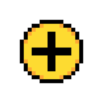 Plus add zoom in button round control pixel art style icon yellow color. Round button black plus sign pixelated game UI interface graphic asset isolated white background