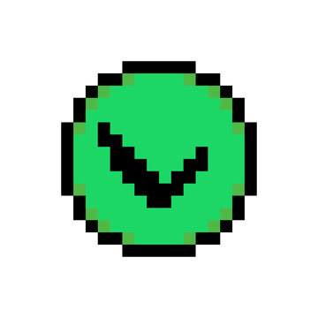 Check mark confirm agree checkmark button pixel art style green round icon. Circular black check mark pixelated game menu UI control graphic asset isolated white background