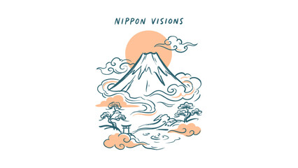 Fototapeta premium Minimalist Hand-Drawn Vector Illustration of Mount Fuji Featuring a Large Red Rising Sun, Traditional Torii Gate, Japanese Pine Trees, and Stylized Clouds, Zen Nippon Visions Concept