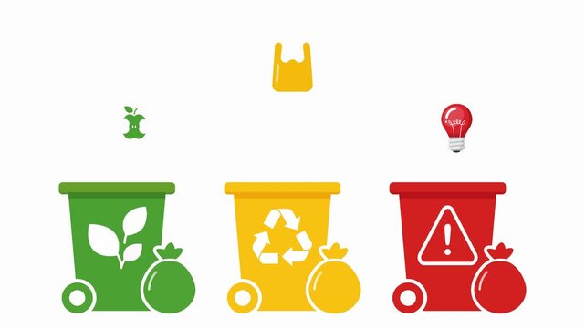 Animated Waste Sorting Bins with Falling Garbage Items for Organic, Recyclable, and Hazardous Waste