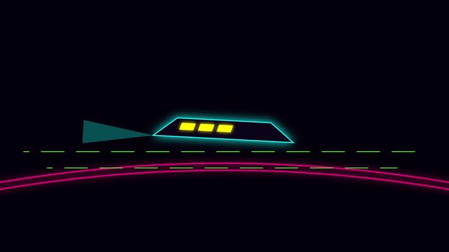 Neon cyberpunk spaceship flying over digital horizon abstract motion animation 4k