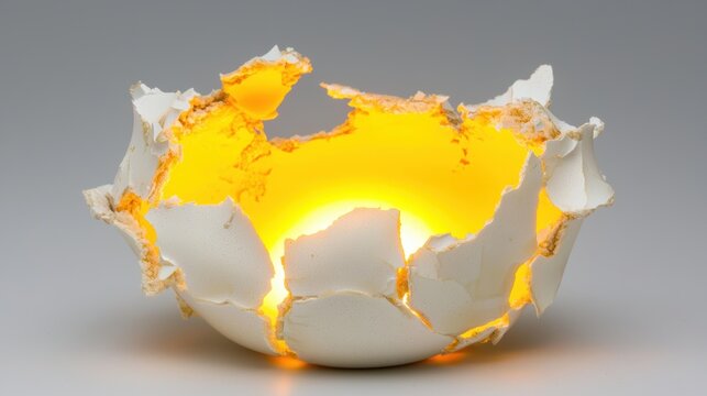 A cracked eggshell lamp with a bright yellow light inside.
