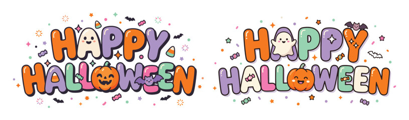 Fototapeta premium Happy Halloween Cartoon Banner With Cute Ghost Pumpkin Bat Confetti and Candy Elements