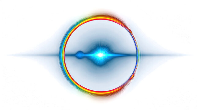 Vivid blue optical flare centered inside rainbow circular ring