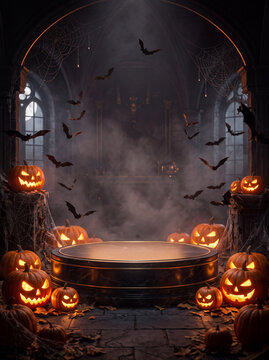 Halloween jack o lanterns around bathtub with candles