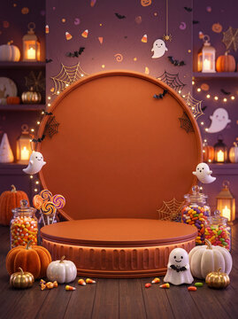 Halloween-themed stage with ghost and pumpkin decorations