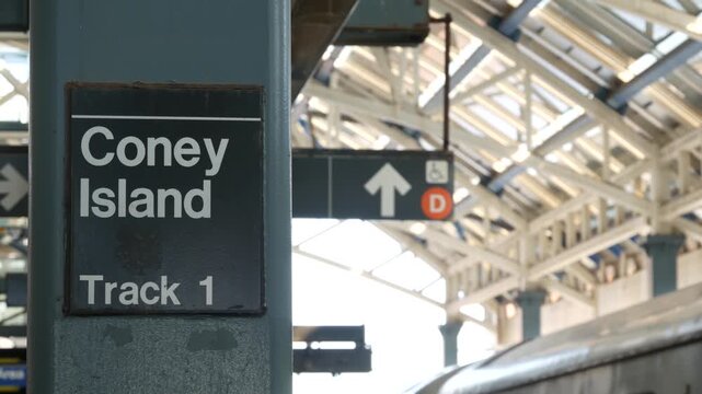 New York City Brooklyn subway outdoor station platform, Coney island elevated metro, Brighton Beach, United States railway. Public metropolitan transport in USA, american railroad. Sign on column