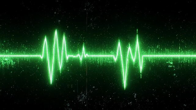 Green electrocardiogram waves display on black background with subtle digital noise and soft focus