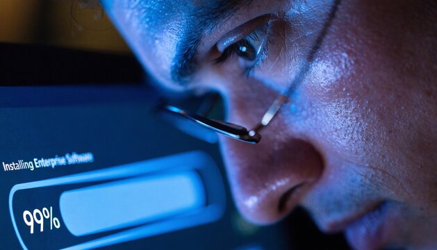A macro shot of an enterprise software installation progress bar hitting 99%, casting a vibrant blue glow on an engineer's focused face.  