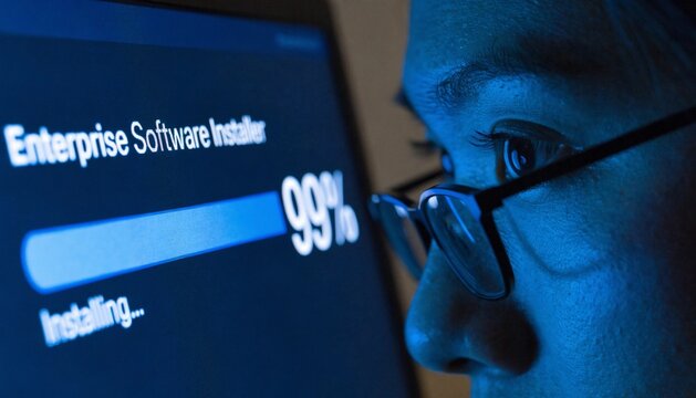 A macro shot of an enterprise software installation progress bar hitting 99%, casting a vibrant blue glow on an engineer's focused face.  