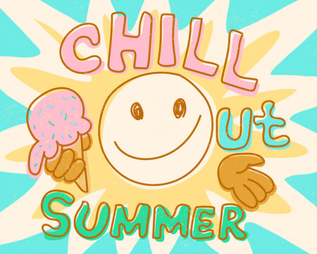 Chill out summer quote text smiley face sun ice cream retro doodle style illustration colorful bright palette. Hand drawn lettering text chill out summer smiling sun character holding ice cream cone r