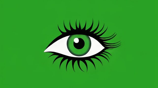 Green Eye Blinking Slowly with Eyelashes Against Black and Green Stripes Background