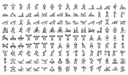 Fototapeta premium Set of Sports and Fitness Stick Figure Icons Showing People Running, Cycling, Swimming, Yoga, and Various Athletic Activities in Line Art Style