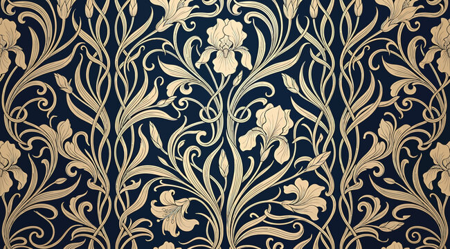 Seamless pattern with golden iris flowers and swirling foliage on a dark blue background, elegant floral wallpaper design, intricate botanical illustration in art nouveau style