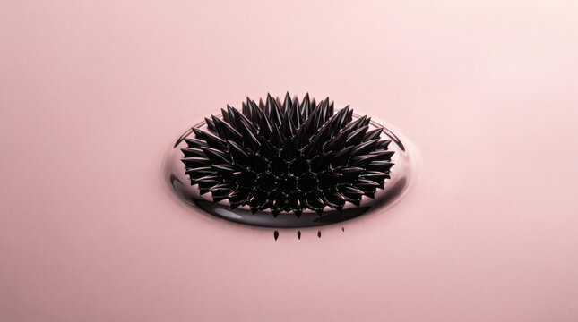 Abstract macro shot of black ferrofluid forming a spiky magnetic sculpture on a soft pink background
