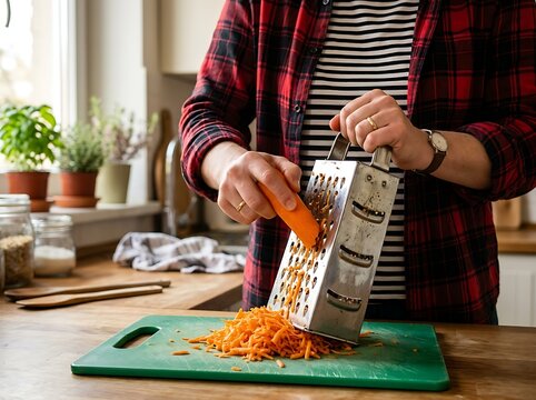 Person wearing plaid shirt grating an orange carrot over a green cutting board in warm kitchen setting.