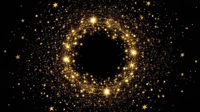 Golden glittering particles forming a circular frame against a black background with subtle motion