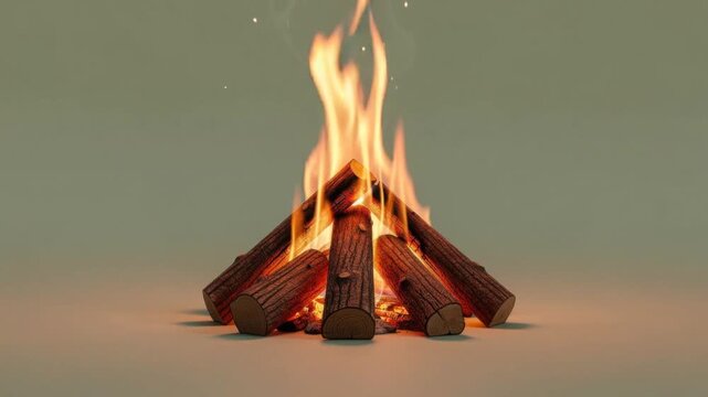 Bright campfire burning with wooden logs glowing in warm flames on a neutral background