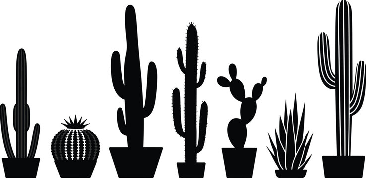 Minimalist cactus silhouettes set featuring black desert plants icons prickly pear and agave vectors isolated on white background