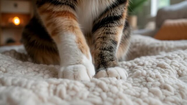 Close up of cat paws on soft cozy blanket indoor pet comfort and relaxation