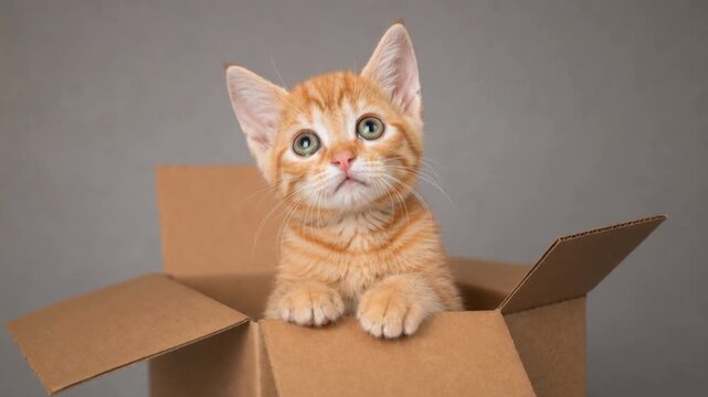 Adorable orange tabby kitten sitting inside a cardboard box with curious expression