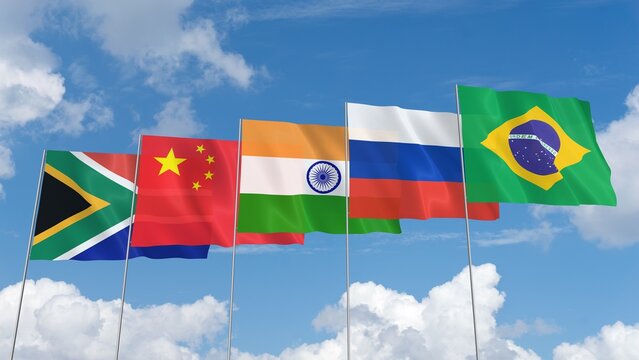 Brazil, Russia, India, China and South Africa Flags, BRICS Countries on Blue Sky Background
